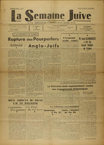 La Semaine Juive : Organe hebdomadaire d'éducation et de défense juive. N° 55 (10 mars 1939)